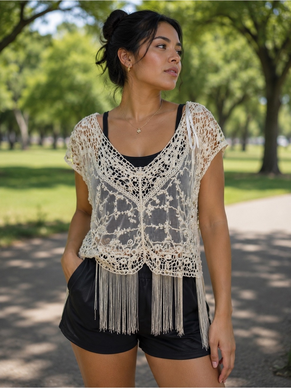 iris Crochet Fringe Tie-Shoulder Crop Top in Cream